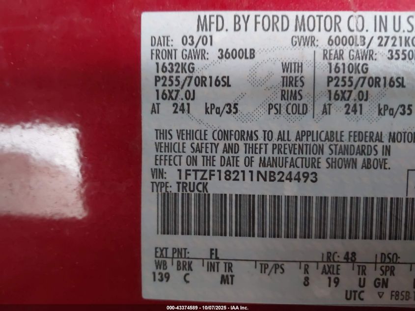 2001 Ford F-150 Xl/Xlt VIN: 1FTZF18211NB24493 Lot: 43374589