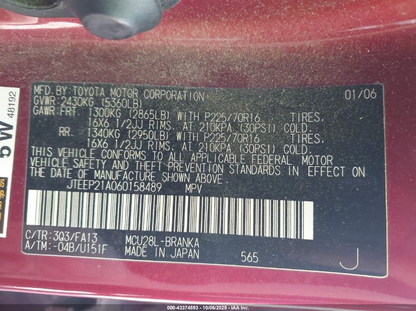 2006 Toyota Highlander V6 VIN: JTEEP21A060158489 Lot: 43374593