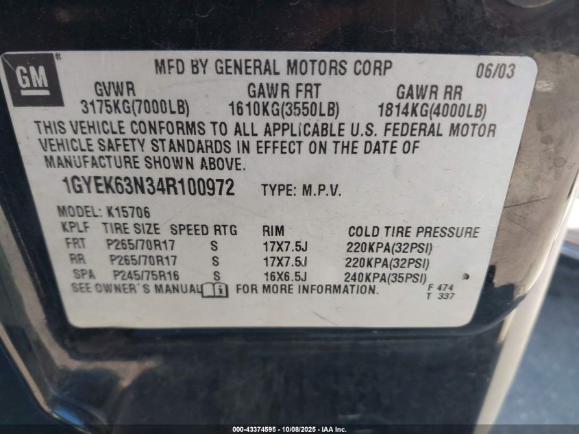 2004 Cadillac Escalade Standard VIN: 1GYEK63N34R100972 Lot: 43374595