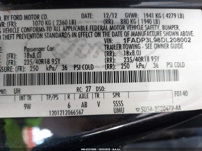 2013 Ford Focus St VIN: 1FADP3L98DL208002 Lot: 43374598