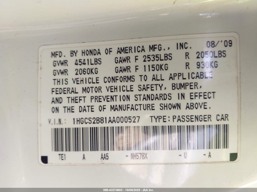 2010 Honda Accord 3.5 Ex-L VIN: 1HGCS2B81AA000527 Lot: 43374603