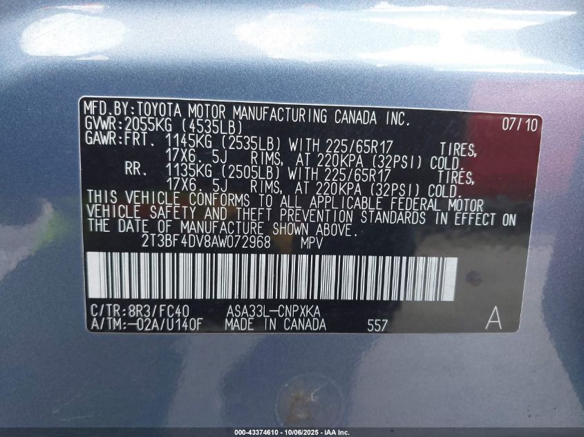 2010 Toyota Rav4 VIN: 2T3BF4DV8AW072968 Lot: 43374610