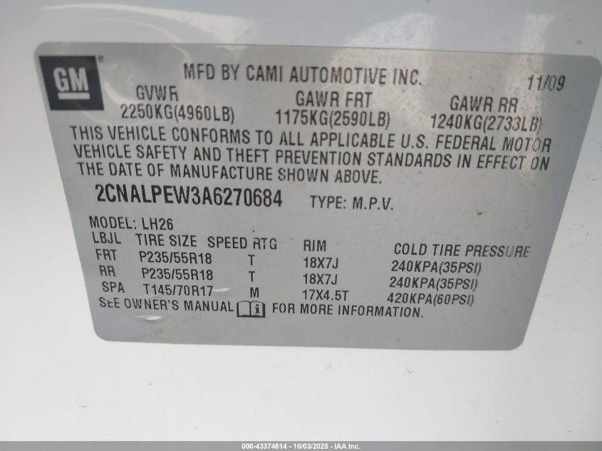 2010 Chevrolet Equinox Lt VIN: 2CNALPEW3A6270684 Lot: 43374614