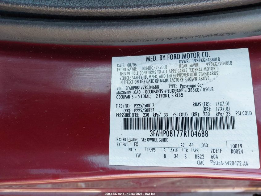 2007 Ford Fusion Sel VIN: 3FAHP08177R104688 Lot: 43374615