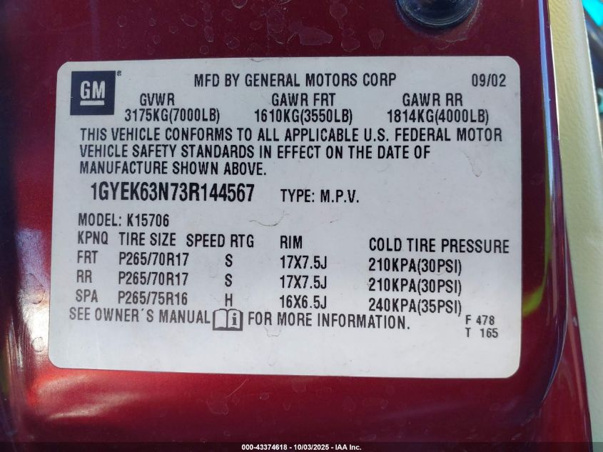 2003 Cadillac Escalade Standard VIN: 1GYEK63N73R144567 Lot: 43374618