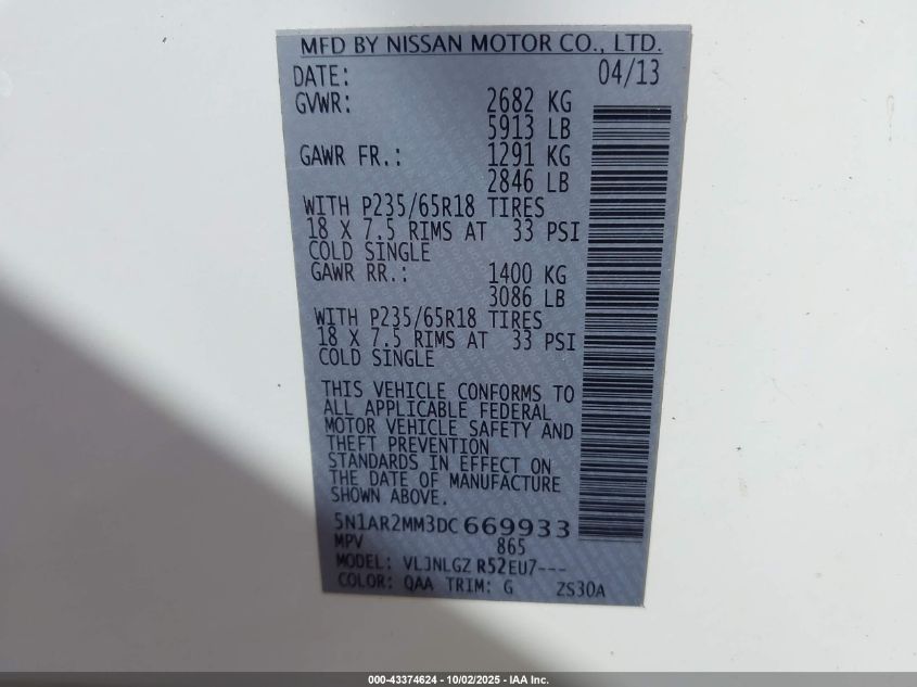 2013 Nissan Pathfinder Sl VIN: 5N1AR2MM3DC669933 Lot: 43374624