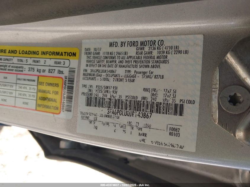 2018 Ford Fusion Hybrid Se VIN: 3FA6P0LU0JR140867 Lot: 43374637