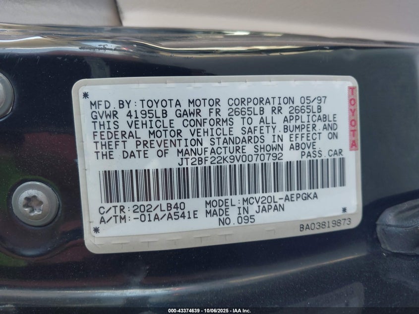 1997 Toyota Camry Xle V6 VIN: JT2BF22K9V0070792 Lot: 43374639