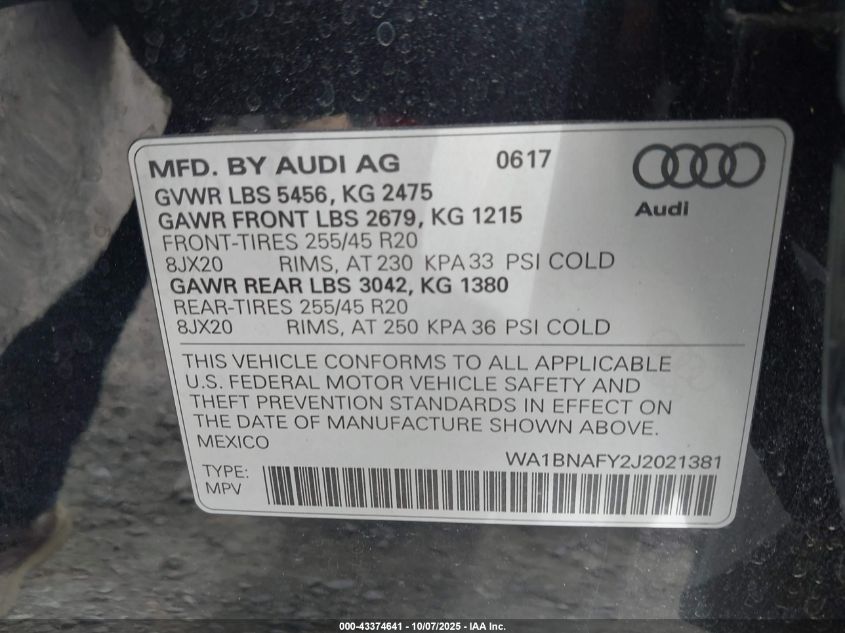 2018 Audi Q5 2.0T Premium/2.0T Tech Premium VIN: WA1BNAFY2J2021381 Lot: 43374641