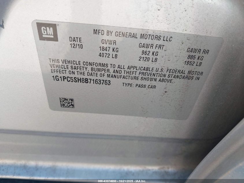 2011 Chevrolet Cruze Ls VIN: 1G1PC5SH8B7163763 Lot: 43374650