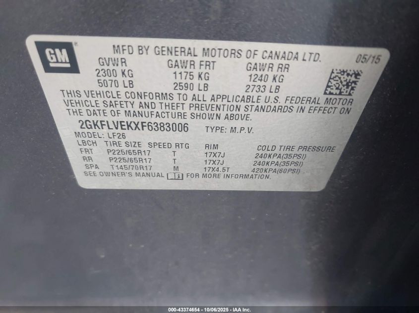 2015 GMC Terrain Sle-1 VIN: 2GKFLVEKXF6383006 Lot: 43374654