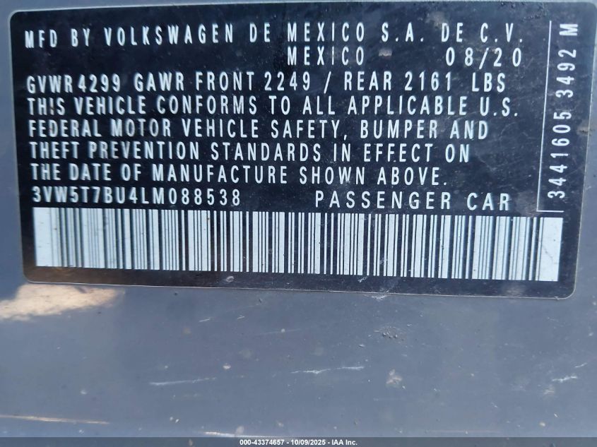 2020 Volkswagen Jetta Gli 2.0T Autobahn/2.0T S VIN: 3VW5T7BU4LM088538 Lot: 43374657