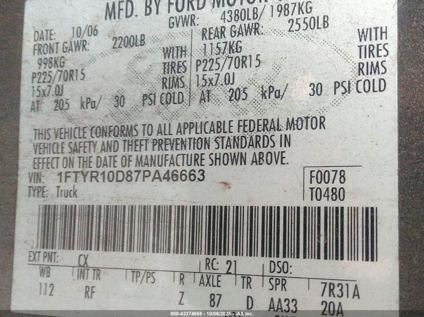 2007 Ford Ranger Stx/Xl/Xlt VIN: 1FTYR10D87PA46663 Lot: 43374658