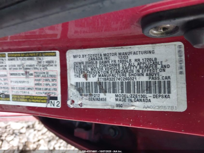 2004 Toyota Corolla S VIN: 2T1BR32E74C260321 Lot: 43374661