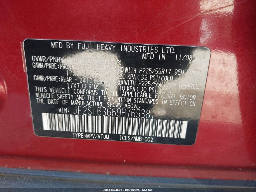 2009 Subaru Forester 2.5X VIN: JF2SH63669H769381 Lot: 43374671