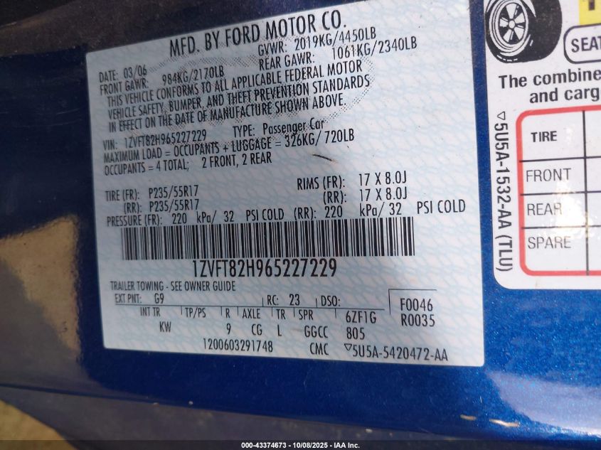 2006 Ford Mustang Gt VIN: 1ZVFT82H965227229 Lot: 43374673