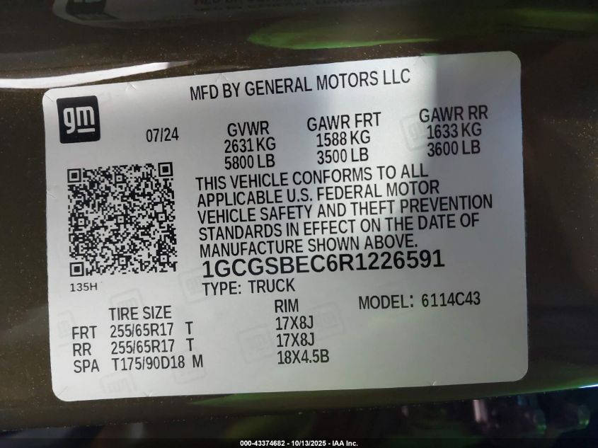 2024 Chevrolet Colorado 2Wd Wt VIN: 1GCGSBEC6R1226591 Lot: 43374682