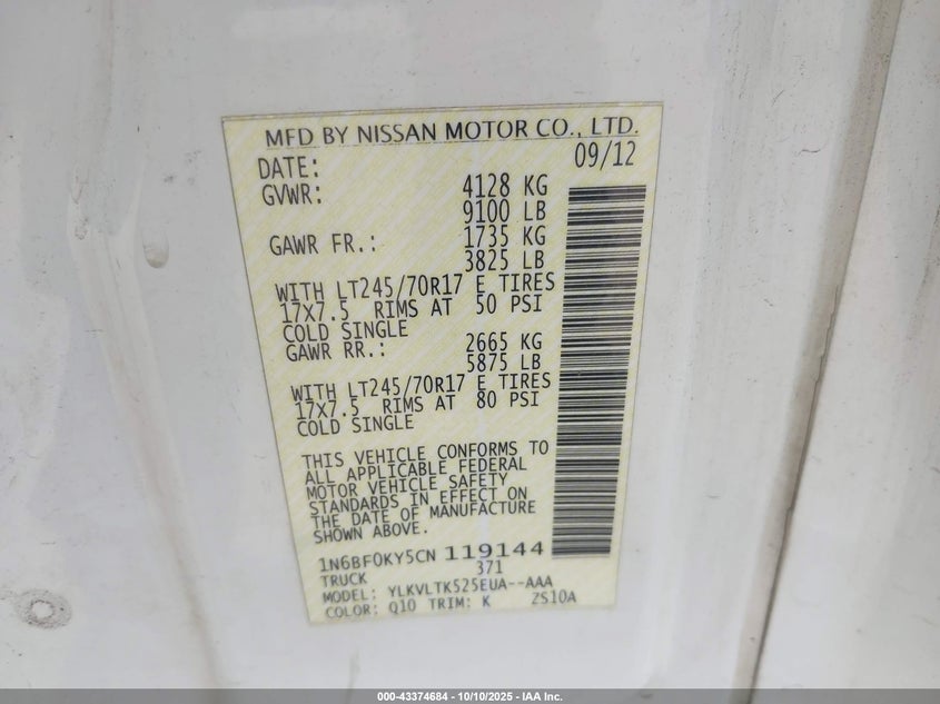 2012 Nissan Nv 2500 Nv2500 Hd Sv V6 VIN: 1N6BF0KY5CN119144 Lot: 43374684