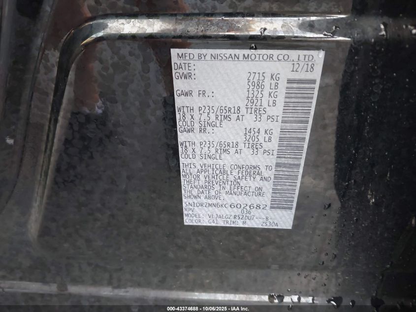 2019 Nissan Pathfinder Sl VIN: 5N1DR2MN6KC602682 Lot: 43374688