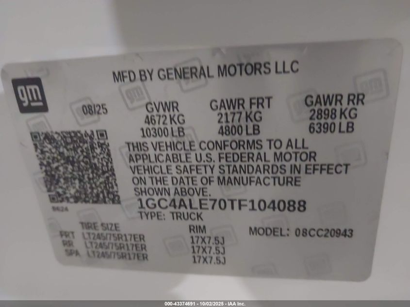 2026 Chevrolet Silverado 2500Hd Work Truck VIN: 1GC4ALE70TF104088 Lot: 43374691