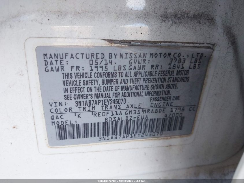 2014 Nissan Sentra Fe+ S/Fe+ Sv/S/Sl/Sr/Sv VIN: 3N1AB7AP1EY245070 Lot: 43374706