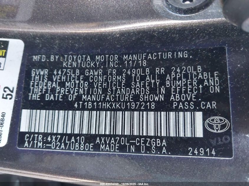 2019 Toyota Camry Xle VIN: 4T1B11HKXKU197218 Lot: 43374709