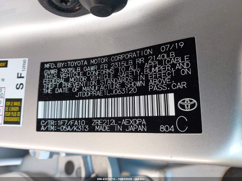 2020 Toyota Corolla L VIN: JTDDPRAE1LJ063120 Lot: 43374713