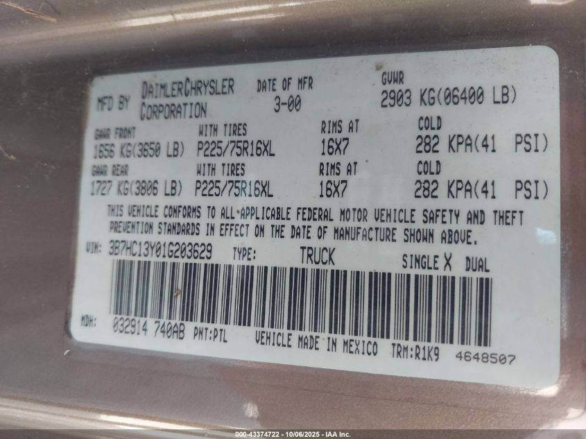 2001 Dodge Ram 1500 St VIN: 3B7HC13Y01G203629 Lot: 43374722