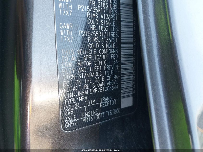 2011 Nissan Juke Sv VIN: JN8AF5MR7BT008644 Lot: 43374726