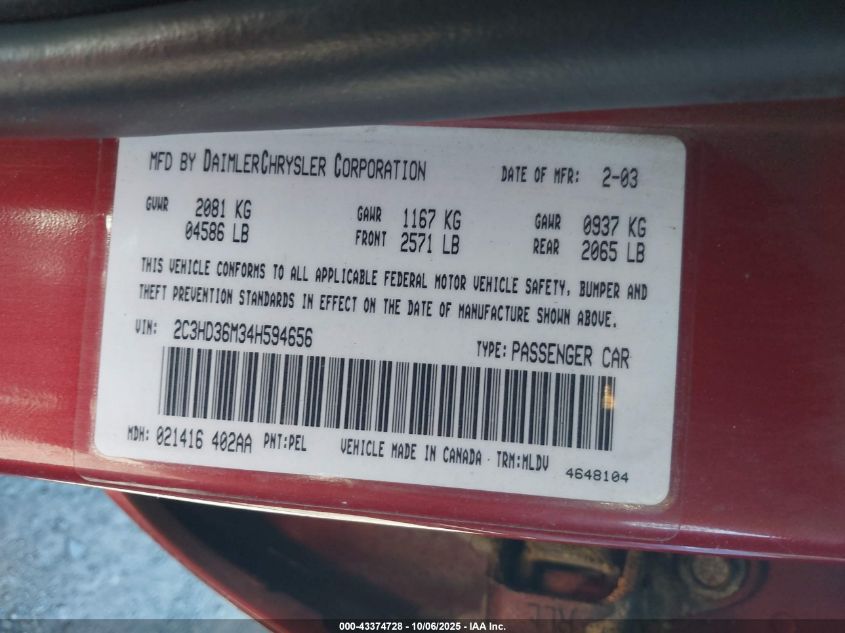 2004 Chrysler Concorde Lxi VIN: 2C3HD36M34H594656 Lot: 43374728