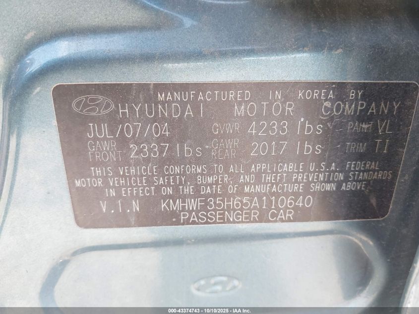 2005 Hyundai Sonata Gls/Lx VIN: KMHWF35H65A110640 Lot: 43374743