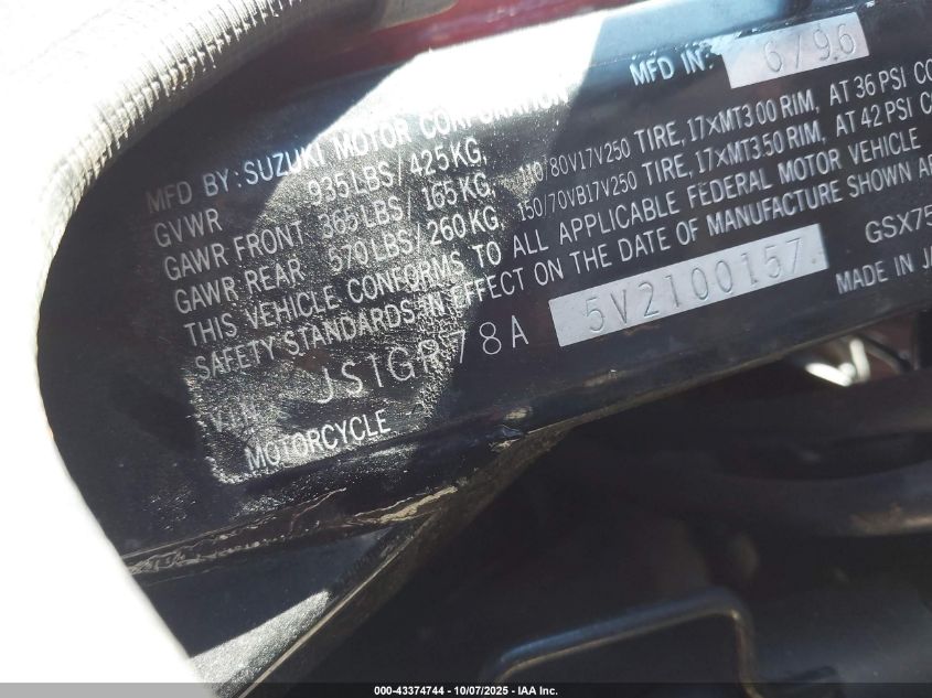 1997 Suzuki Gsx750 F VIN: JS1GR78A5V2100157 Lot: 43374744