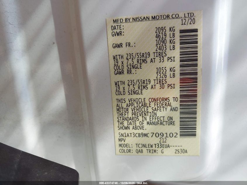 2021 Nissan Rogue Sl Intelligent Awd VIN: 5N1AT3CB9MC709102 Lot: 43374746