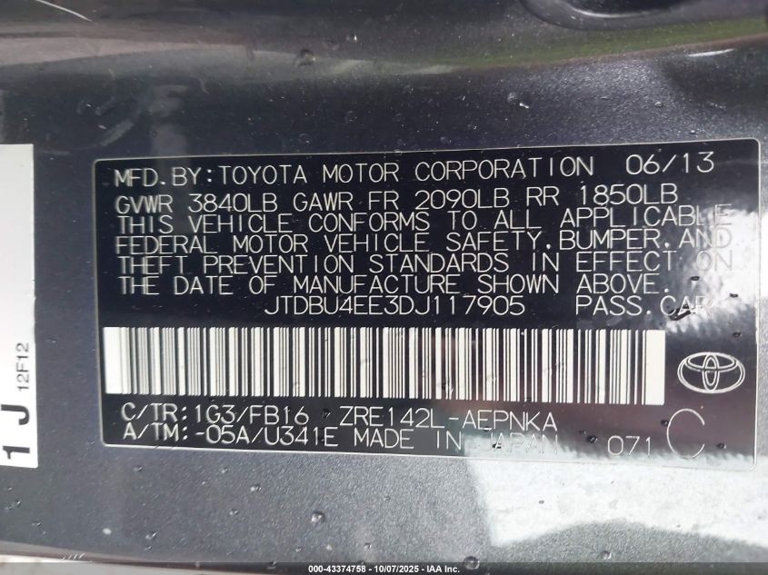 2013 Toyota Corolla Le VIN: JTDBU4EE3DJ117905 Lot: 43374758