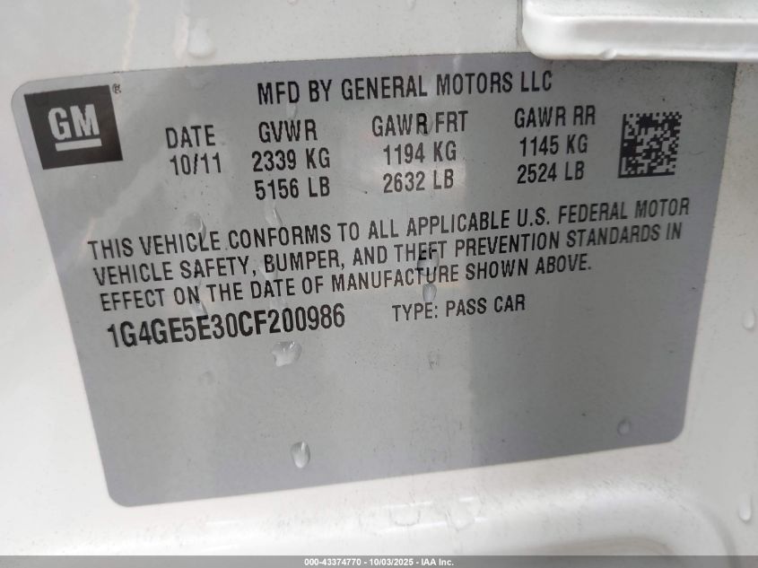 2012 Buick Lacrosse Premium 1 Group VIN: 1G4GE5E30CF200986 Lot: 43374770