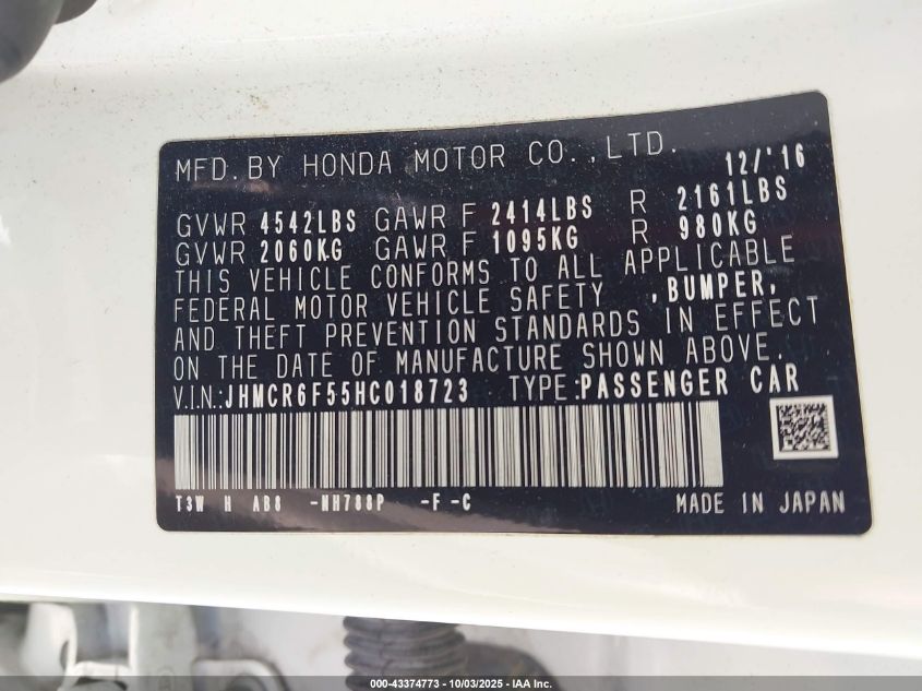 2017 Honda Accord Hybrid Ex-L VIN: JHMCR6F55HC018723 Lot: 43374773