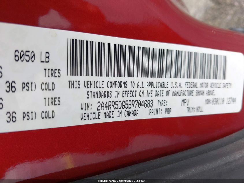 2011 Chrysler Town & Country Touring VIN: 2A4RR5DG5BR704683 Lot: 43374782