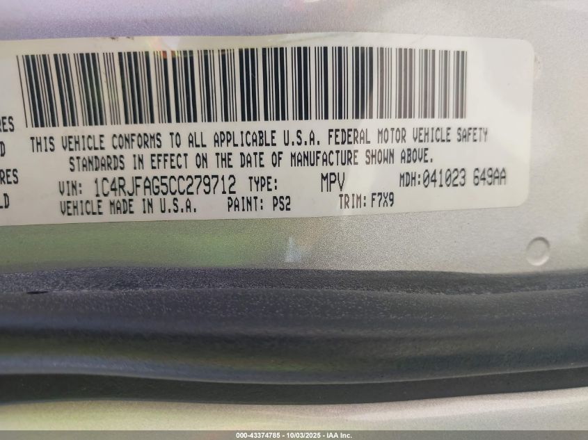 2012 Jeep Grand Cherokee Laredo VIN: 1C4RJFAG5CC279712 Lot: 43374785