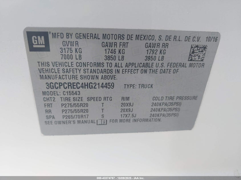 2017 Chevrolet Silverado 1500 1Lt VIN: 3GCPCREC4HG214459 Lot: 43374787