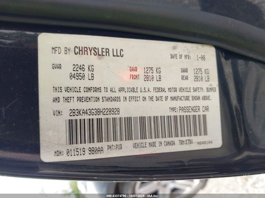 2008 Dodge Charger VIN: 2B3KA43G38H228928 Lot: 43374790