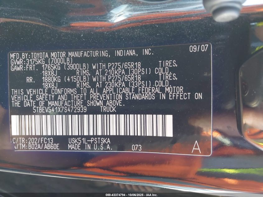 2007 Toyota Tundra Sr5 5.7L V8 VIN: 5TBEV541X7S472939 Lot: 43374794