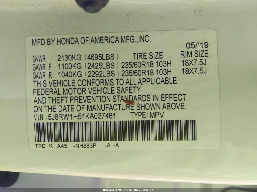 2019 Honda Cr-V Ex VIN: 5J6RW1H51KA037481 Lot: 43374798