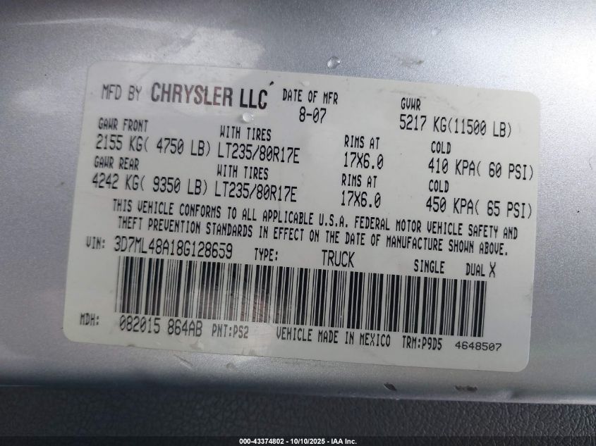 2008 Dodge Ram 3500 Slt VIN: 3D7ML48A18G128659 Lot: 43374802
