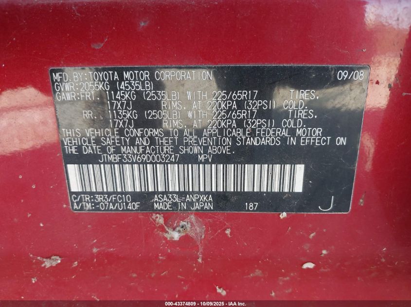 2009 Toyota Rav4 VIN: JTMBF33V69D003247 Lot: 43374809