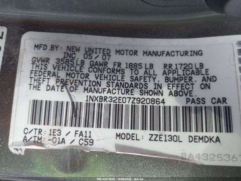 2007 Toyota Corolla Ce VIN: 1NXBR32E07Z920864 Lot: 43374828