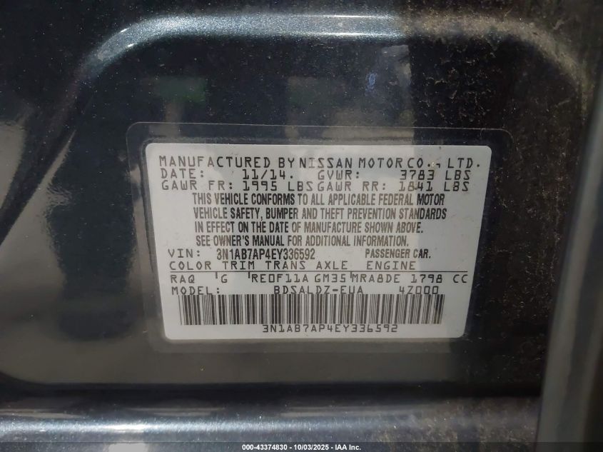 2014 Nissan Sentra Sv VIN: 3N1AB7AP4EY336592 Lot: 43374830