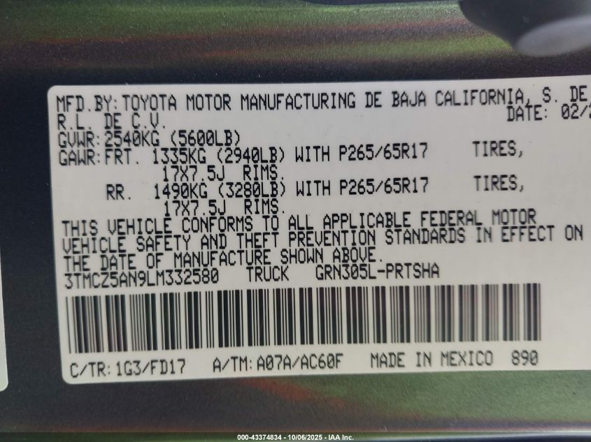 2020 Toyota Tacoma Trd Sport VIN: 3TMCZ5AN9LM332580 Lot: 43374834