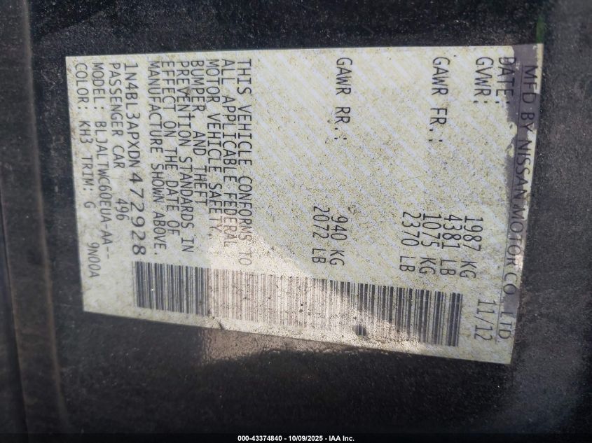 2013 Nissan Altima 3.5 Sv VIN: 1N4BL3APXDN472928 Lot: 43374840