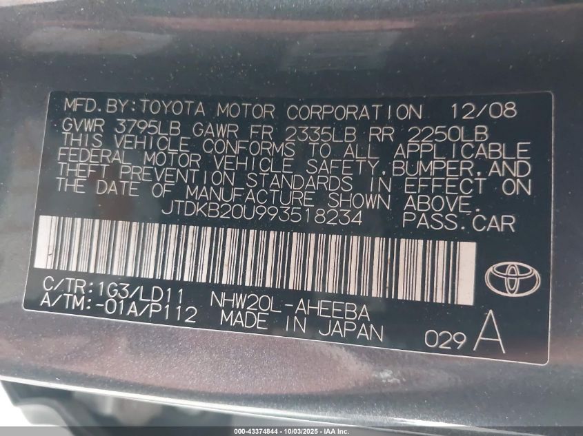 2009 Toyota Prius VIN: JTDKB20U993518234 Lot: 43374844