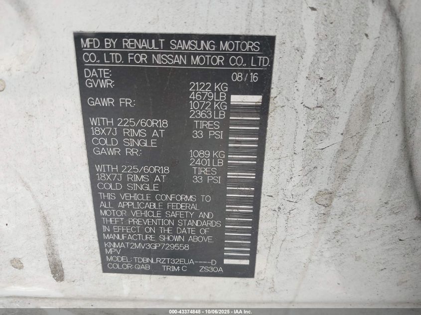 2016 Nissan Rogue Sl VIN: KNMAT2MV3GP729558 Lot: 43374848